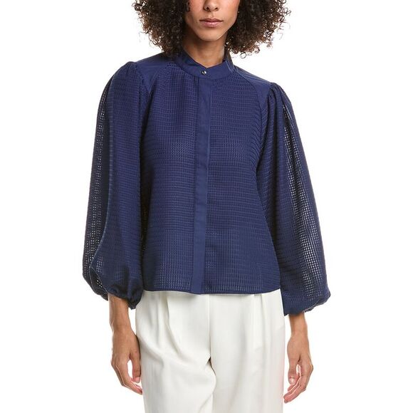 Derek Lam 10 Crosby Tops - Derek Lam 10 Crosby Womens  Dianne Mini Grid Georgette Blouse, Navy